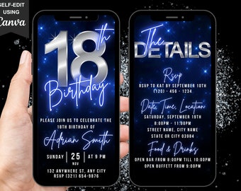 May include: A blue and silver digital phone invitation for an 18th birthday party. The invitation features a large silver number 18 with a blue neon glow. The text "The Details" is in silver with a blue neon glow. The invitation includes the date, time, location, RSVP information, and details about food and drinks.