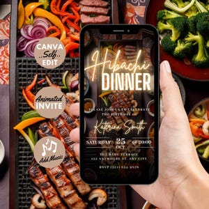 Digital Hibachi Flyer Invitation, Electronic Birthday Dinner Party Invite, Gold Japanese Food Video Evite, Self Editable DIY Template eCard