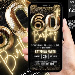 Digital 60th Birthday Invitation For Women, 60 Invite Ecard, Virtual Glam Gold Sixty Party Invite For Men, Self Editable Canva Template