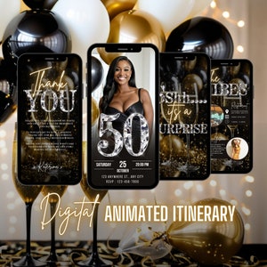 Digitale Überraschung zum 50. Geburtstag, animierte Dinner-Party-Einladung für Frauen, Fotobild Evite, selbstbearbeitbares Reiseplan-eCard-Bundle