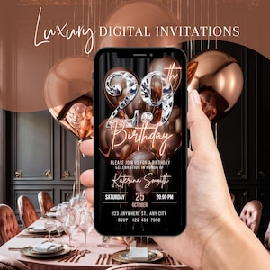 Digital 29th Birthday Invitation, Animated Dinner Party Invite For Women, Rose Gold Balloon Diamond Brunch Evite, Editable Template eCard