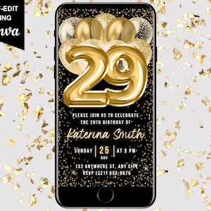 Digital 29th Birthday Invitation, Animated Party Invite For Women, Black Gold Balloon Mobile Text Evite, Self Editable 29th Invite Template