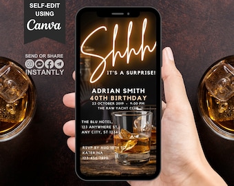 40th Birthday Invitation For Men, Digital Mens Surprise 40th Invite, Mans Whiskey Theme Evite, Backyard BBQ Self Editable Template For Guys