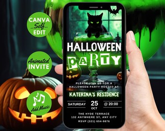 May include: A digital invitation for a Halloween party. The invitation features a green potion in a glass, a black cat, and the text "Halloween Party". The invitation also includes the party details, such as the date, time, and location.