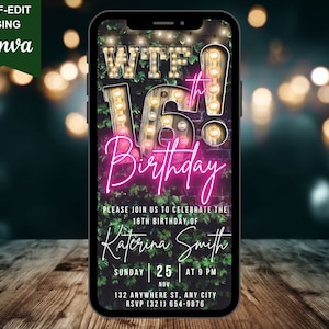Digital WTF 16th Birthday Party Invitation, Animated Sweet 16 Backyard BBQ Invite, Marquee Pink Evite For Women, Self Edit Template eCard