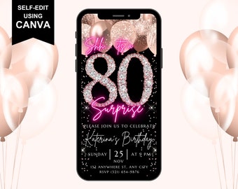 Invitación digital sorpresa para 80 cumpleaños, invitación electrónica para fiesta de 80 cumpleaños, fuente neón con diamantes en oro rosa, plantilla editable de texto de Evite
