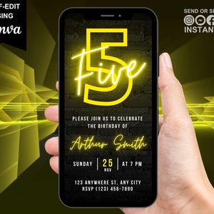 Faire-part numérique pour 5e anniversaire, invitation animée cinquième fête pour garçon et fille, message pyjama jaune néon Evite, modèle de carte électronique modifiable