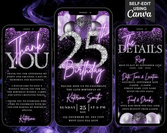 Digital 25th Birthday Invitation, Video 25th Black Purple Dinner Party Invite, Modern Diamond Evite For Women, Self Editable eCard