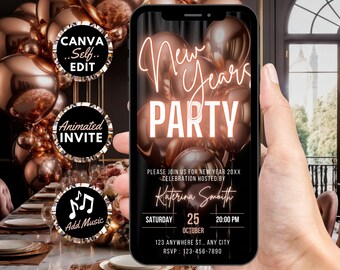 Puede incluir: Un teléfono inteligente muestra una invitación a una fiesta de Año Nuevo con globos de color oro rosa. La invitación incluye el texto "New Years Party", detalles del evento y la opción de agregar música. Los iconos indican la edición de Canva y las funciones de invitación animada.