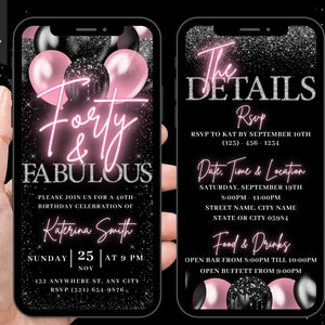 Digitale 40 & fantastische verjaardagsuitnodiging, geanimeerde dineruitnodiging voor vrouwen, Pink Forty Brunch Evite, zelf bewerkbare sjabloon e-card