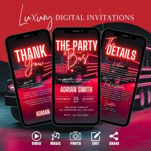 Digital Party Bus Invitation, Boys Birthday Party Invite, Red VIP Game Truck Party Evite For Men, Self Editable Itinerary Template eCard