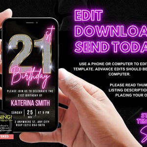 K&ouml;nnte beinhalten: Eine digitale Einladung zu einer 21. Geburtstagsfeier. Die Einladung zeigt eine glitzernde goldene Zahl 21 mit pinkfarbenem Neontext, auf dem "Geburtstag" steht. Die Einladung wird auf einem Smartphone-Bildschirm angezeigt.