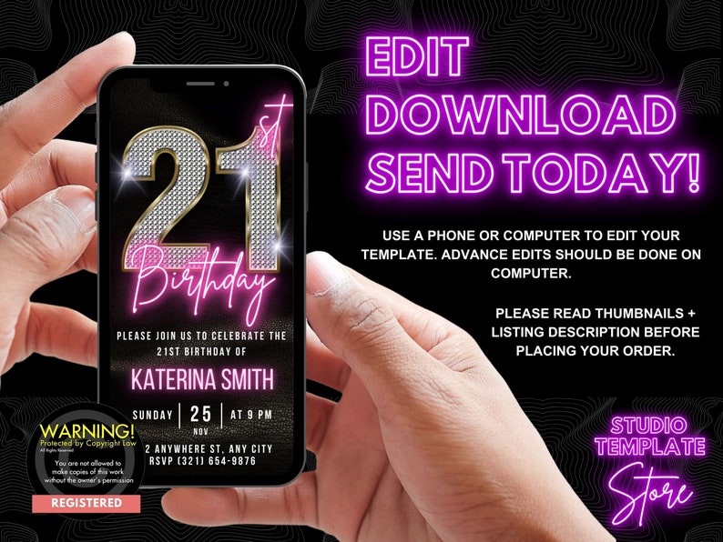 K&ouml;nnte beinhalten: Eine digitale Einladung zu einer 21. Geburtstagsfeier. Die Einladung zeigt eine glitzernde goldene Zahl 21 mit pinkfarbenem Neontext, auf dem "Geburtstag" steht. Die Einladung wird auf einem Smartphone-Bildschirm angezeigt.