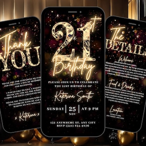 Faire-part vidéo numérique pour fête d'anniversaire 21e anniversaire, invitation à un dîner pour 21e anniversaire pour femme, invitation à un brunch surprise pour homme, lot de cartes virtuelles modifiables