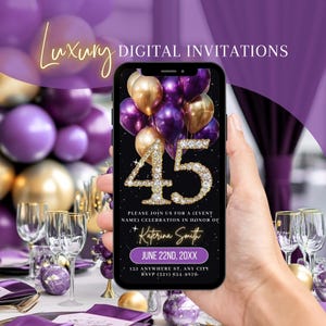 Digital 45th Birthday Invitation, Animated Purple Gold Surprise Invite, Diamond Brunch Evite, Dinner Party Editable Template Ecard For Women