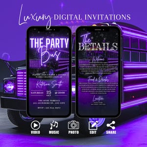 Digital VIP Party Bus Invitation, Girls Limo Birthday Party Invite, Purple Bus Evite For Women, Self Edit Itinerary Template eCard For Her