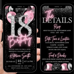 Digital 18th Birthday Invitation, Blush Pink Girls 18 Balloon Diamond Invite For Her, Eighteen Animated Evite, Self Editable Itinerary eCard