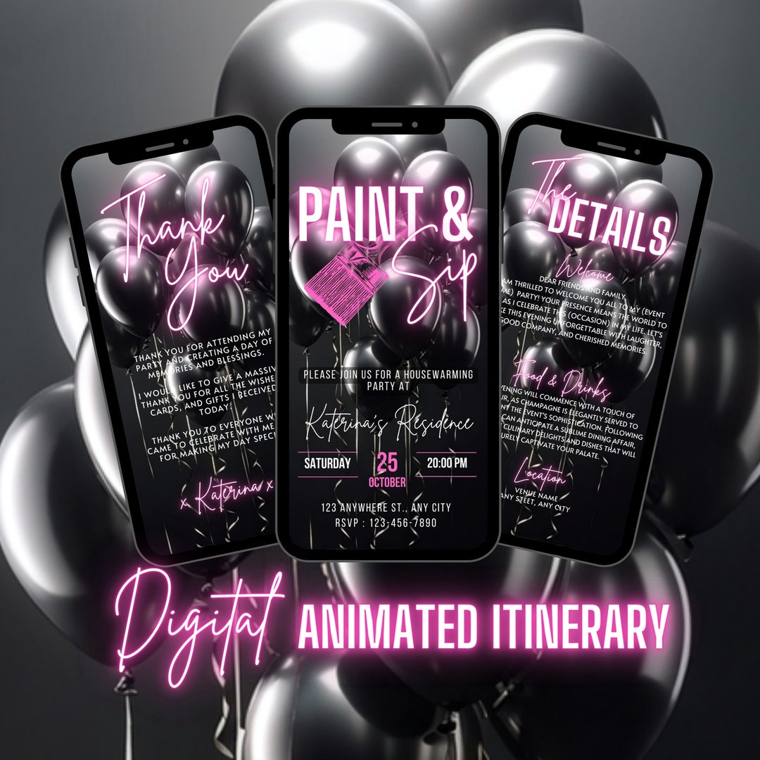 Digital Paint & Sip Invitation, Animated Birthday Celebration Invite, Womens Black Pink New