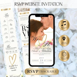 RSVP Wedding Invitation Website, Digital Countdown Timer, White Rose Gold Online Wedding Invite, Guest Website Canva Template