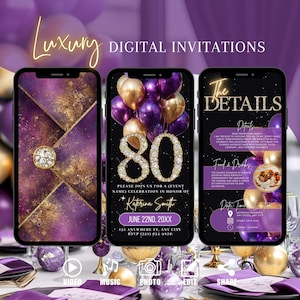 Purple Gold 80th Birthday Invitation, Digital Envelope Animated Invite, Diamond Brunch Evite, Dinner Party Editable Template Ecard For Women