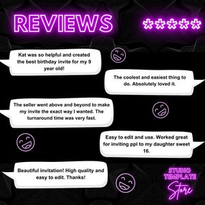 May include: Reviews for a digital birthday invitation template. The reviews are positive and highlight the ease of use, quality, and fast turnaround time. The text includes "Kat was so helpful and created the best birthday invite for my 9 year old!" and "The seller went above and beyond to make my invite the exact way I wanted. The turnaround time was very fast."