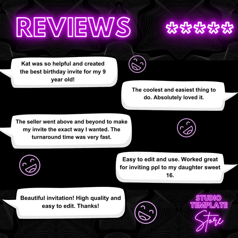 May include: Reviews for a digital birthday invitation template. The reviews are positive and highlight the ease of use, quality, and fast turnaround time. The text includes "Kat was so helpful and created the best birthday invite for my 9 year old!" and "The seller went above and beyond to make my invite the exact way I wanted. The turnaround time was very fast."