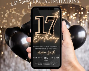 Faire-part de fête d'anniversaire 17e anniversaire, invitation numérique à dîner en or noir pour femme, dix-sept invitations vidéo pour elle, modèle de carte électronique DIY modifiable