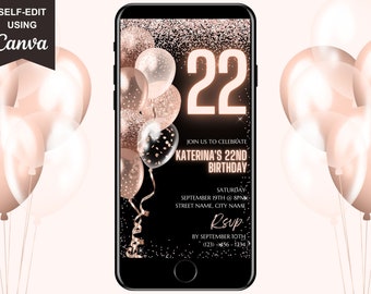 Digital 22nd Birthday Invitation, Electronic 22nd Birthday Party Invite, Rose Gold Diamond, Phone Evite, Self Editable DIY Template Ecard