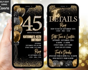 Digital 45th Birthday Party Invitation, Animated Black Gold Dinner Celebration, Diamond Brunch Evite, Self Editable Itinerary Template eCard
