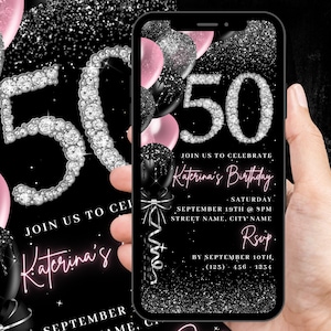 Digital 50th Birthday Invitation, Animated 50 th Blush Pink Girls Invite For Her, Cute Womens Diamond Evite, Self Editable Template eCard