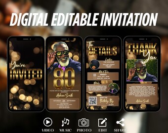 Modern 80th Birthday Invitation Digital Download, Stylish Dinner Party Invite For Men, Editable Black and Gold Evite, Custom Luxury Template