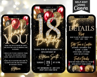 Invito digitale per il 18° compleanno, invito animato per il 18° compleanno, invito elettronico per festa a sorpresa con diamante nero, oro e rosso, itinerario modificabile e biglietto elettronico di ringraziamento