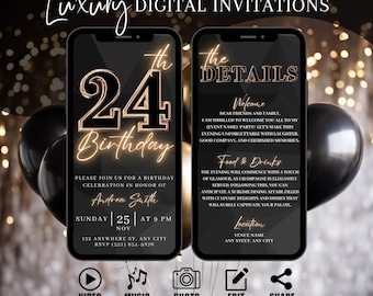 24th Birthday Party Invitation, Digital Black Gold Dinner Invite For Men, Black Tie Video Evite For Him, Self Editable DIY Itinerary eCard
