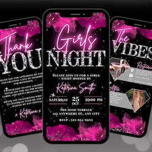 Digital Girls Night Out Invitation, Animated Hot Pink Birthday Invite, Bachelorette Party Evite, Self Editable Itinerary & Thank You eCard