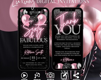 Digital 60th Birthday Invitation, Animated Dinner Party Invite For Women, Pink & Fabulous Brunch Evite For Her, Self Editable Template eCard