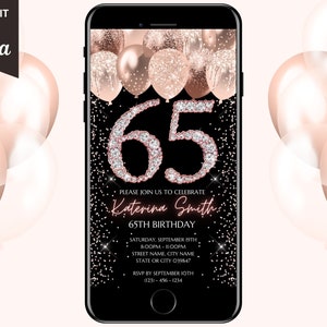 Digital 65th Birthday Invitation, Animated 65 Dinner Party Invite, Rose Gold Diamonds Evite For Women, Self Editable Template eCard For Her