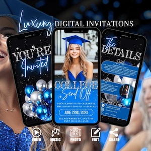 Invito di addio al college blu digitale, invito per la festa del baule della laurea, invito di addio con foto del liceo, modello di eCard con foto di addio