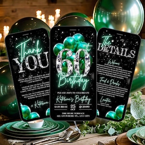Digital 60th Birthday Invitation, Animated Green Sixty Diamond Dinner Party Invite, Brunch Evite For Women, Mens Self Edit Itinerary eCard