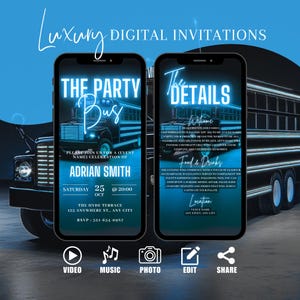 Digital VIP Party Bus Invitation, Boys Limo Birthday Party Invite, Blue Gaming Bus Evite For Men, Self Edit Itinerary Template eCard