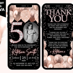 Digital 50th Birthday Invitation With Photo, Animated Fifty Party Image Invite, Her Rose Gold Diamond Evite, With Editable Thank You eCard
