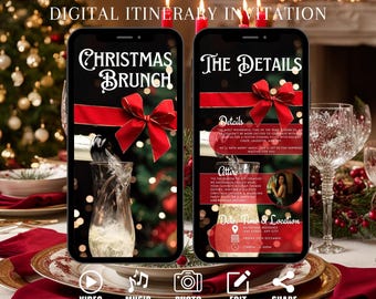 Pode incluir: Um convite digital para um brunch de Natal. O convite apresenta um laço vermelho, uma taça de champanhe e um fundo festivo. O texto no convite diz "Christmas Brunch" e "The Details".