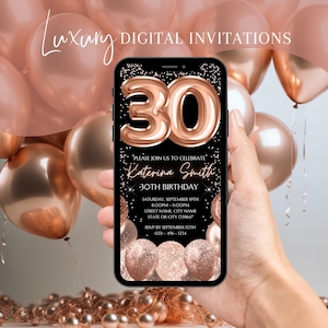 30th Birthday Digital Invitation, Electronic 30th Birthday Party Invite, Rose Gold Animated Text Evite, Instant Download Editable Template