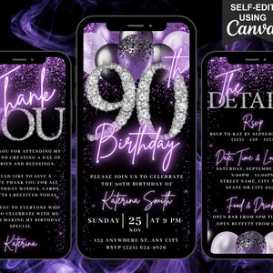 Faire-part numérique 90e anniversaire, animation 90e anniversaire violette pour femme, 90e diamants Evite, itinéraire modifiable et carte virtuelle de remerciement