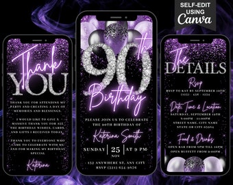 May include: Three purple and silver smartphone mockups with a glittery background. The first mockup says "Thank You" and includes a message of gratitude. The second mockup says "90th Birthday" and includes the name "Katerina Smith". The third mockup says "The Details" and includes the date, time, and location of the event. The text "Self-Edit Using Canva" is at the top of the image.
