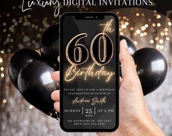 60. Geburtstag Party Einladung, Digitales Schwarz Gold zum Abendessen einladen für Männer, Black Tie Video Evite Für Ihn, selbst bearbeitbare DIY Vorlage eCard