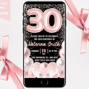 30th Birthday Digital Invitation, Electronic 30th Birthday Party Invite, Blush Pink Animated Text Evite, Instant Download Editable Template