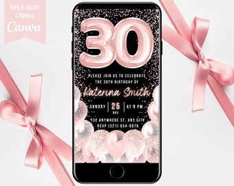 Digitale Einladung zum 30. Geburtstag, elektronische Party einladen zum 30. Geburtstag, Blush Pink animierter Text Evite, sofort herunterladen bearbeitbare Vorlage