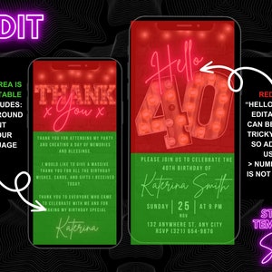 Puede incluir: Una maqueta de pantalla de tel&eacute;fono digital roja y verde con una invitaci&oacute;n a una fiesta de cumplea&ntilde;os. La invitaci&oacute;n dice "Hello 40" en letras rosa ne&oacute;n con bombillas rojas. El texto dice "Por favor, &uacute;nase a nosotros para celebrar el 40&ordm; cumplea&ntilde;os de Katerina Smith. Domingo, 25 de noviembre a las 9 PM. 132 Anywhere St, Any City. RSVP (321) 654-9876".