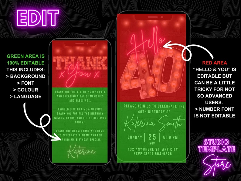 Puede incluir: Una maqueta de pantalla de tel&eacute;fono digital roja y verde con una invitaci&oacute;n a una fiesta de cumplea&ntilde;os. La invitaci&oacute;n dice "Hello 40" en letras rosa ne&oacute;n con bombillas rojas. El texto dice "Por favor, &uacute;nase a nosotros para celebrar el 40&ordm; cumplea&ntilde;os de Katerina Smith. Domingo, 25 de noviembre a las 9 PM. 132 Anywhere St, Any City. RSVP (321) 654-9876".