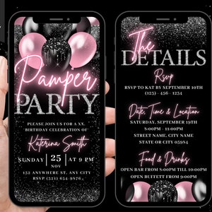 Dépliant numérique, faire-part d'anniversaire, pyjama rose poudré pour une soirée pyjama pour filles, Eviter vidéo journée au spa, carte électronique d'itinéraire bricolage à modifier soi-même